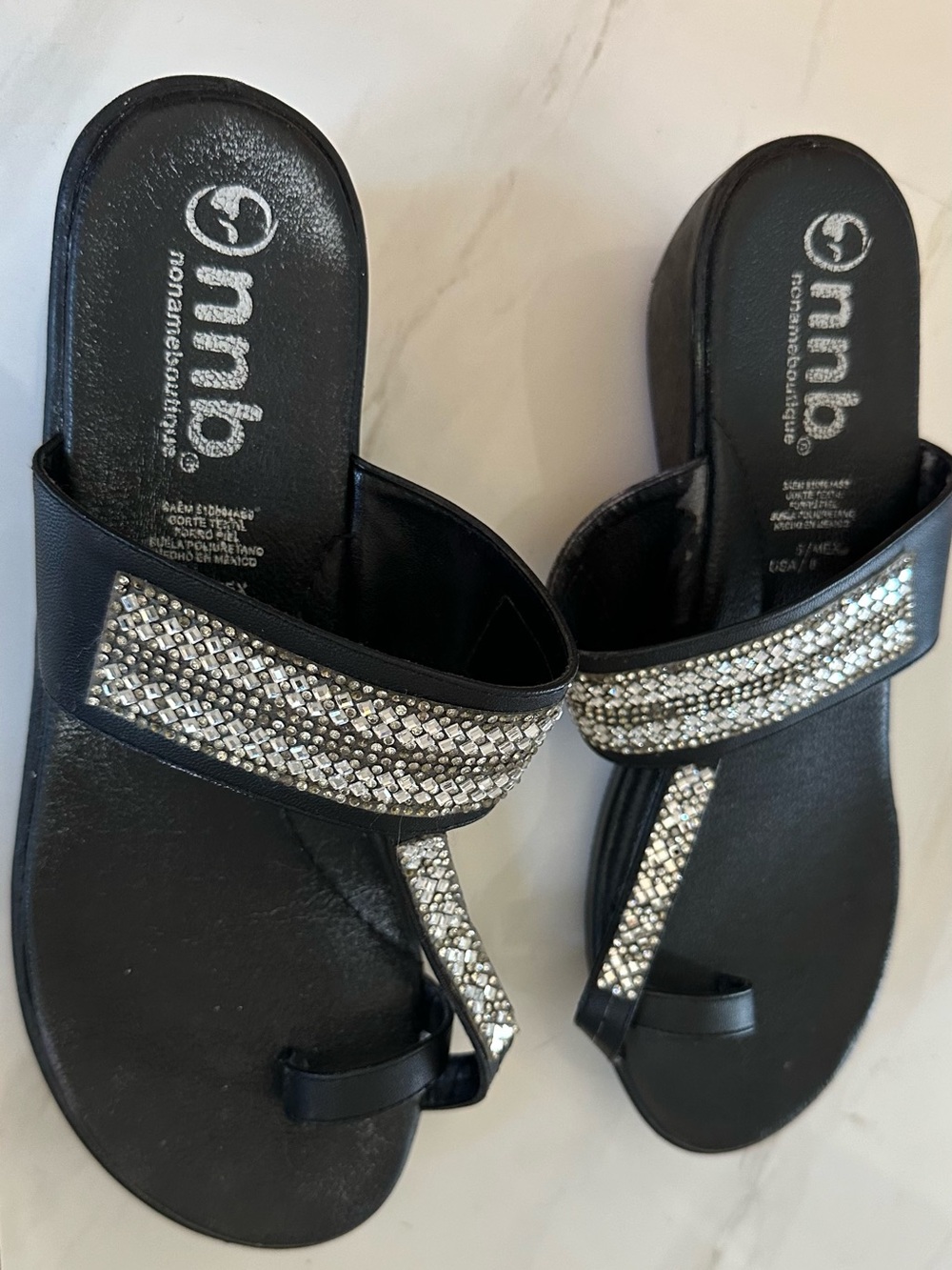Black Rhinestone Wedge Sandals ✨ Size 8 | Sparkle Strap Slip-Ons